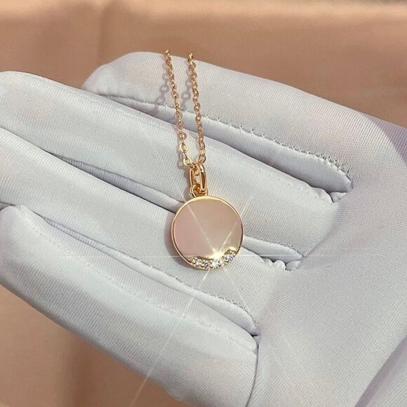 NWT Round Pendant Necklace 14K Rose Gold Plated CZ Pave Thin Chain Minimalist - Picture 6 of 12